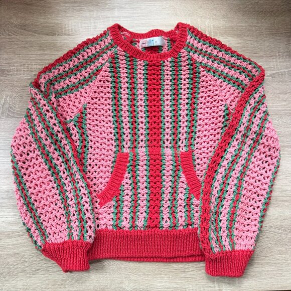 New Free People Dayton Pullover Crochet Knit Striped Sweater Red Pink XS - Picture 1 of 10
